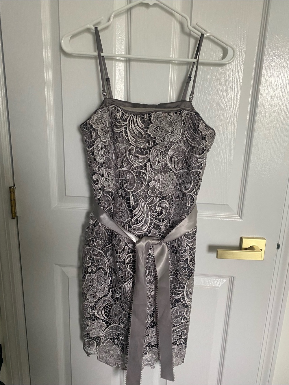 Adrianna Papell Silver Lace Spaghetti-Strap Mini Dress with Satin Waist Tie